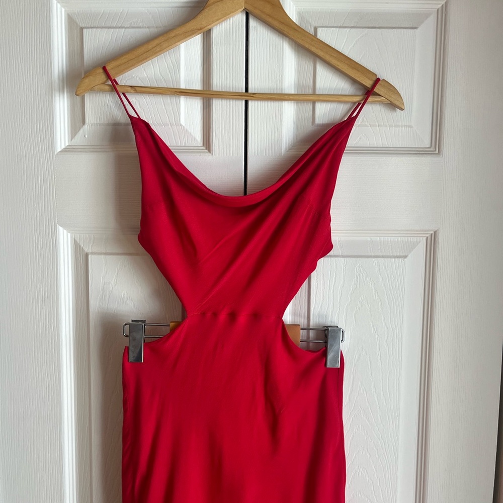 Red Backless Cowl Neck Dress w/ Side Slits - Picture 3 of 10